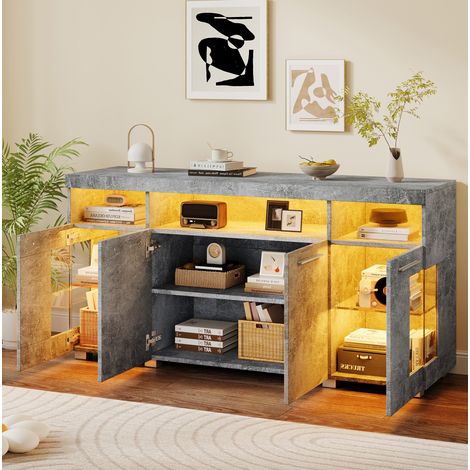 Buffet MDF gris ciment 140 x 40 x 70 cm avec portes en verre trempé, LED intégré et 6 compartiments (1/5)