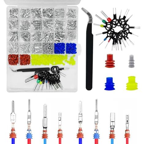 Kit de 820 connecteurs à broches électriques, 420 broches de connecteur de bornes de fil de voiture 1/1,5/1,8/2,2/2,8/3,5 mm, prise non isolée, outil de retrait de bornes à sertir mâles femelles (1/5)