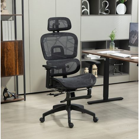 Sedia da ufficio 66x64x114-122 cm nera in poliestere con supporto lombare, poggiapiedi e reclinazione (1/3)