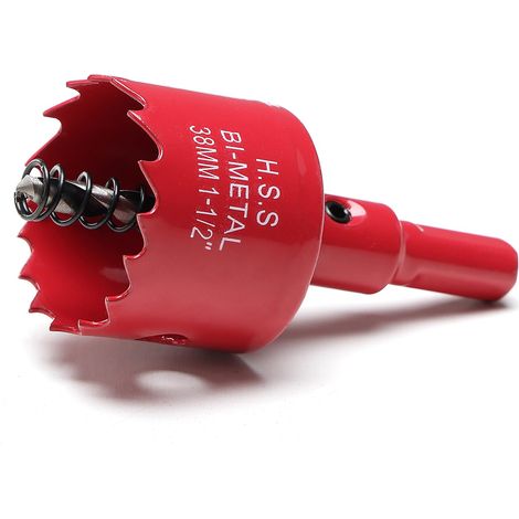 Scie cloche 38mm, bi-métal scie cloche bois avec adaptateur hexagonal et embout central, HSS M42 pour fer, aluminium, bois, plaques de plâtre, Rouge (1/5)