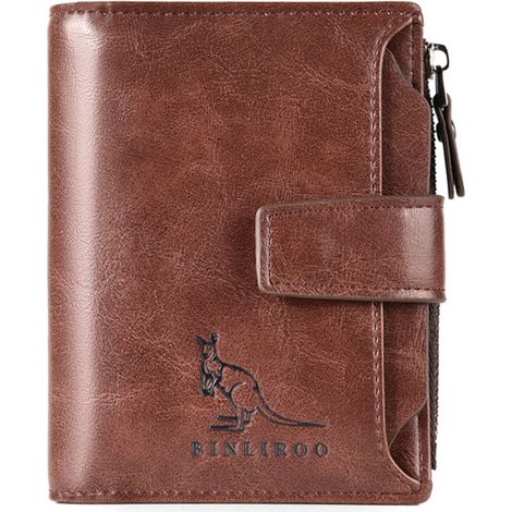 Portefeuille homme cuir PU zip multi-poches vertical rétro sans démagnétisation pour voyage travail brun (1/5)
