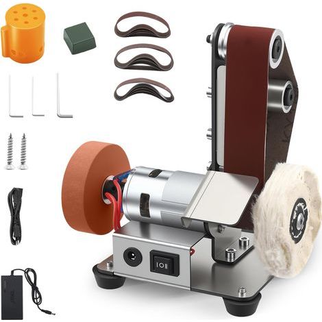 Ponceuse à bande électrique, mini polisseuse à bande, réglable sur 7 niveaux, équipée de 20 bandes abrasives et 2 disques de polissage, pour le traitement du bois et du métal (1/5)