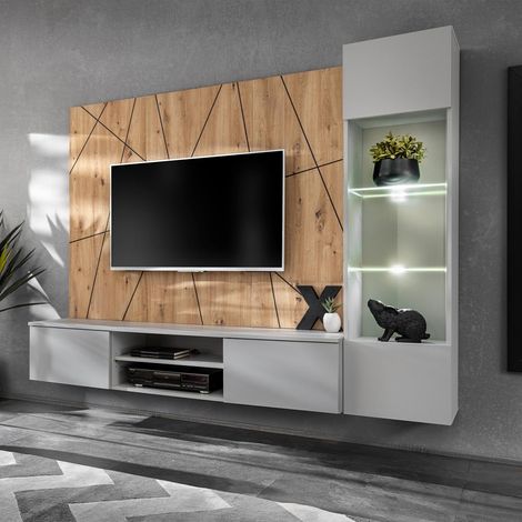 Ensemble Meuble TV Ligne "Xari" 200cm Naturel & Gris Perle (1/5)