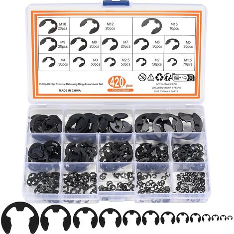 420 Pièces Circlips E-clips, Anneau de Retenue Assortiment, Anneau de E-clips Circlips Externe en Acier à Ressort pour Fixer Poulies à Engrenages de Roulement, 13 Tailles (1/5)