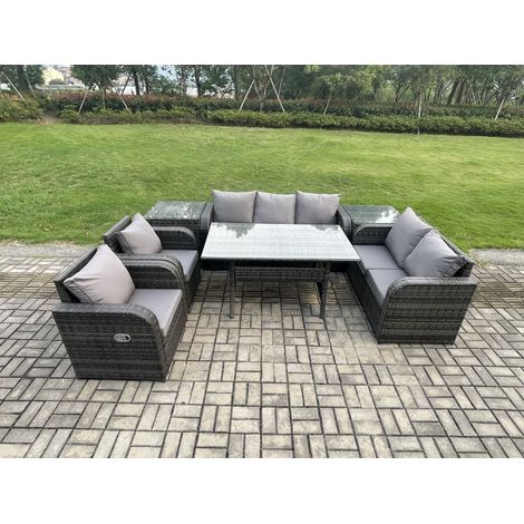 Fimous Dark Grey PE Wicker Rattan Garden Furniture Set Reclining Chair Love Sofa 2 Seater Sofa Set Outdoor Rectangular Dining Table 2 Side Tables 7 Seater
