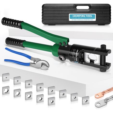 Pro Pince à Sertir les Fils Hydraulique 16 Tons avec Coupe-câble, 13 Jeux (8-300 mm²) Matrices de Sertissage pour Cosses de Câbles Cuivre-aluminium, Opération de Câble, le Garde-corps de Fil, Vert