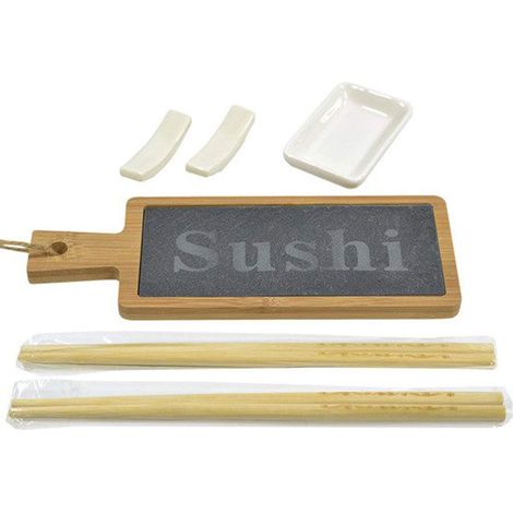 Set Sushi Cibo Giapponese 2 Persone Bacchette Legno Ciotola Vassoio Ardesia 6pz