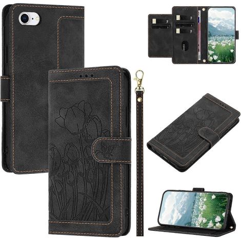 Coque en cuir pour iPhone SE (2022) SE (2020) 8 7 6s 6 Tulip Phone Cover avec 5 emplacements pour cartes Wallet - Bl (1/5)