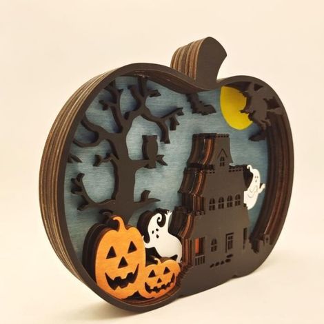 Ornement Citrouille - Bois Massif - Lumière Intégrée - Décoration Intérieure Halloween Noël - 1 Pièce (1/4)