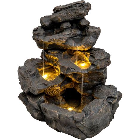 Monster Shop – Fontaine de jardin cascade électrique polyresine gris 70 cm – 3 lumières LED blanc chaud – Câble 7 m – Brosse de nettoyage incluse