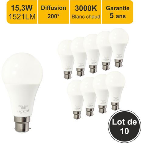 Lot de 10 ampoules LED B22 15,3W (équiv. 100W) 1521Lm 3000K - garantie 5 ans