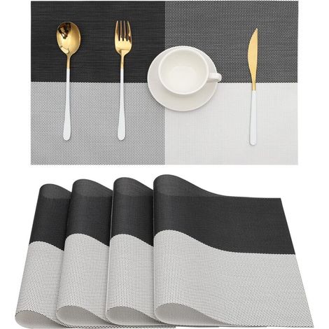 Ensemble de 4 sets de table à carreaux noirs et blancs, en vinyle lavable, faciles à nettoyer, pour les tables de salle à manger et de cuisine. (1/5)