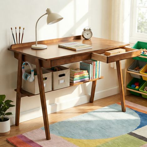 Bureau en bois 120x60 cm, style mid-century, 2 tiroirs, étagère de rangement, noix (1/5)