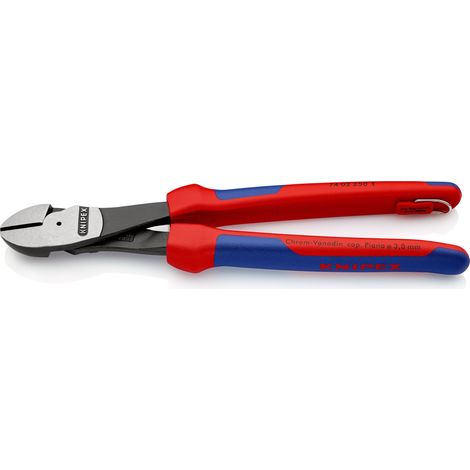 KNIPEX 74 02 250 T Pince coupante de côté à forte démultiplication avec gaines bi-matière, avec œillet intégré pour fixation d’un dispositif antichute atramentisée noire 250 mm (1/4)