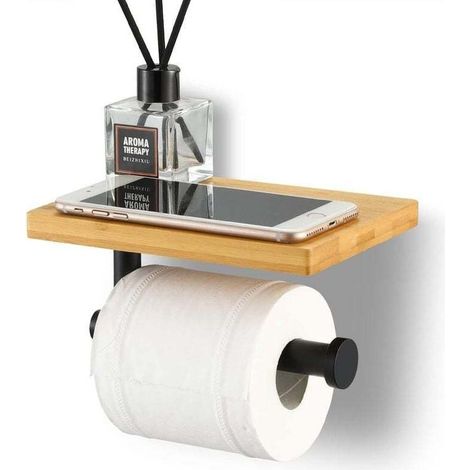 Porte-papier toilette mural en acier inoxydable SUS304 noir mat – Étagère en bambou naturel – Pour rouleaux de grande taille (1/5)