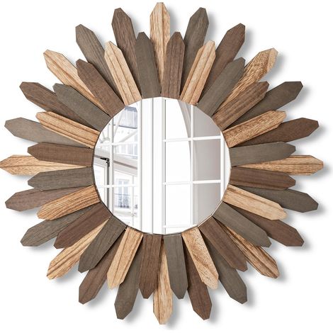 Grand miroir mural en bois rustique - 53 cm - Sunburst Boho - Décoration murale bohème - Décoration murale pour maison, salon, chambre à coucher, couloir - Tricolore (1/5)