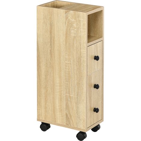 Armoire salle de bain sur piédestal 4 roues 1 tiroir 1 armoire fermée 2 armoires ouvertes 18x30x68,5 cm chêne