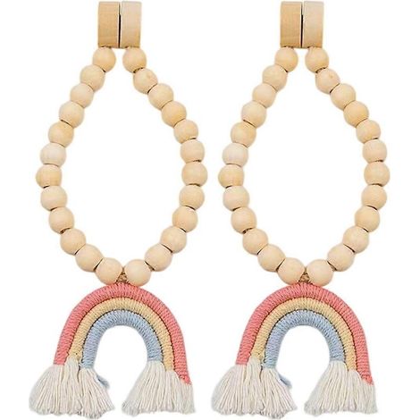 Lot de 2 embrasses de rideaux en perles, avec pompons arc-en-ciel et perles de bois. Style ferme. (1/5)