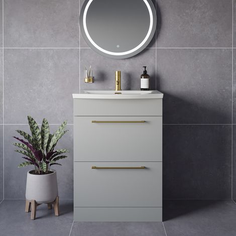 Napoli 390 Gloss Grey Pearl 600mm 2 Drawer Vanity Unit with Arc Basin - 600mm - Brushed Brass 320mm Handle
