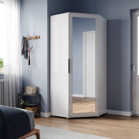 ELEGANT Modern Design Corner Wardrobe with Mirror White High Gloss Bedroom Furniture 800 x 800 x 1860 mm with Shelves, Hanging Rails (1/5)
