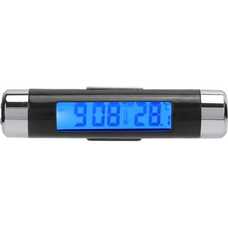 Thermomètre numérique 2 en 1 pour voiture avec tableau de bord noir et horloge calendrier rétroéclairée bleue. (1/5)