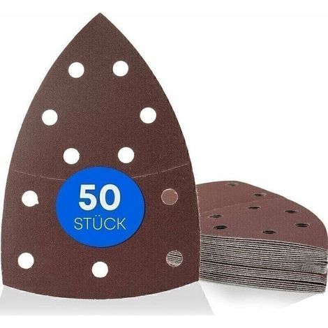 Lot de 50 triangles abrasifs perforés (11 trous), 105 × 152 mm, grain 120, compatibles avec ponceuses multifonctions, supports triangulaires et papiers abrasifs