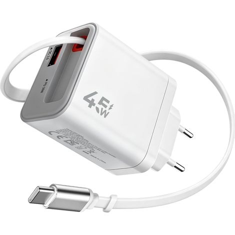 30W USB Chargeur Rapide avec 70cm Câble Rétractable, 2 Ports PD/QC 3.0 USB-A USB-C Adaptateur, Compact (1/5)