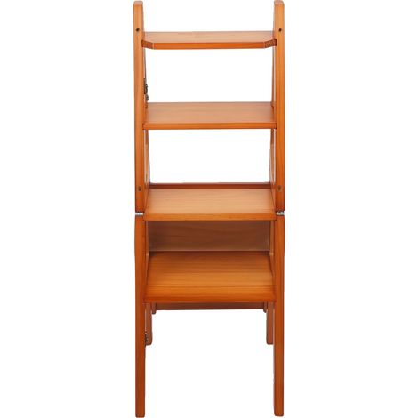 Silla plegable tipo escalera, diseño de 4 peldaños, construcción en madera de pino, color miel. (1/2)