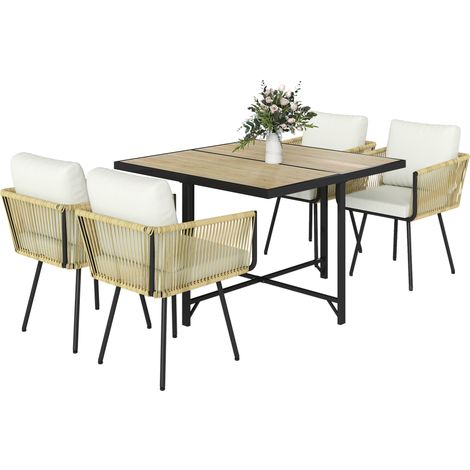 Outsunny conjunto de mesa y sillas jardín de ratán de 5 piezas, con mesa de plástico-madera, 4 sillas con cojines extraíbles, marco metal resistente
