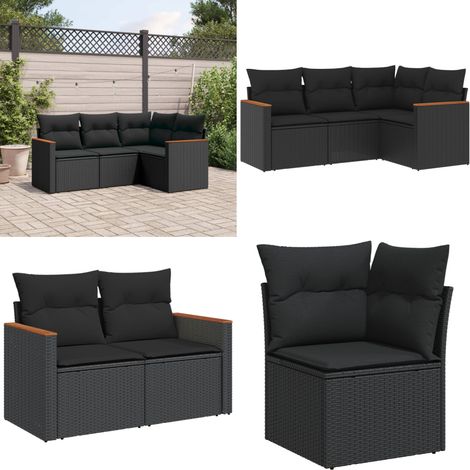 4-tlg. Garten-Sofagarnitur mit Kissen Schwarz Poly Rattan - Gartensofas - Outdoor-Möbel - Gartenmöbelset - Lounge Set - Rattan Gartenmöbel - Home & Living (1/5)