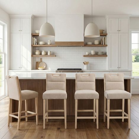Wahson Barhocker 4er Set aus Holz, Gepolsterter Küchenhocker aus Chenille Bistrohocker mit Griff-Rückenlehne und Fußstütze für Kücheninseln, Beige (1/5)