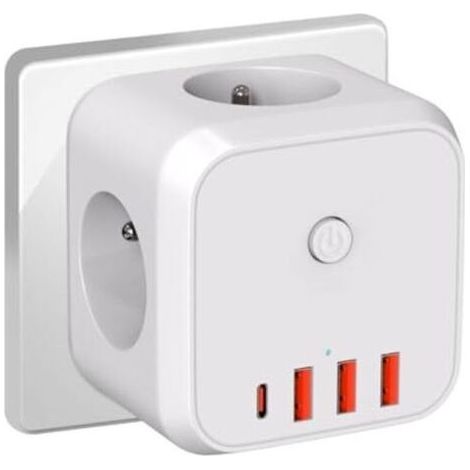 Multiprise Cube Murale, 7 en 1 Chargeur USB Prise avec 3 Sortie AC, 4000W Multiprise électrique avec Interrupteur, Idéal pour Salon Bureau Chambre (1/4)