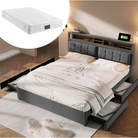 Bett Doppelbett Stauraum 160x200 Leinen Grau OKMYHOME