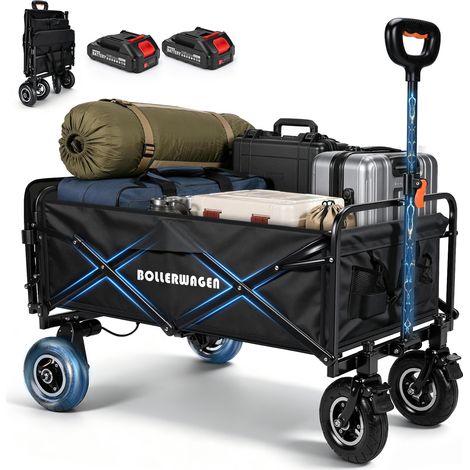 240L Chariot Électrique Pliable Noir 80kg Électrique /120kg Manuel 2 Moteurs Sans Balais 50W Roues Gonflables Jante Aluminium Compatible Makita 14,4V pour Camping Pêche Plage Transport (1/5)