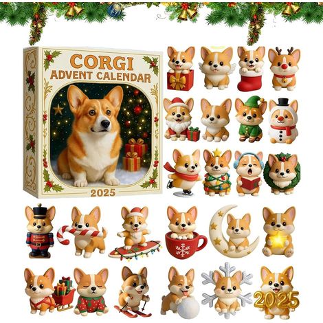 Calendrier de l'Avent Corgi 2025 - Pendentifs compte à rebours de Noël Corgi en acrylique (24 jours), ensemble de décorations de Noël sur le thème des chiens, adorable mini décoration intérieure, cade