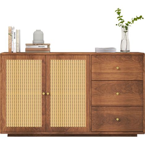 Sideboard, Kommode mit 3 Schubladen & 2 Türen, Anrichteschrank Rattan, 130x 40x 76cm (1/5)