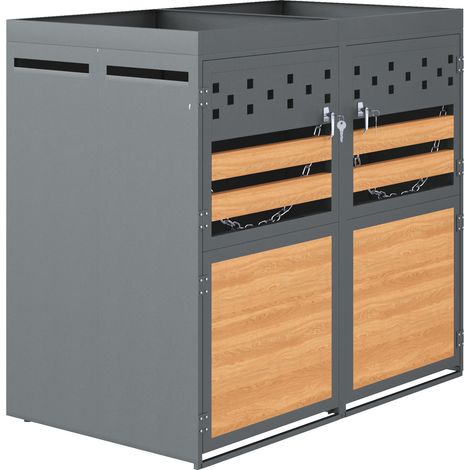 Caja para cubos de basura doble con techo vegetal, 120-240 L, antracita, efecto madera (1/5)