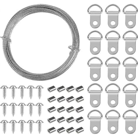 Kit de fil de suspension pour tableaux de 10 m comprenant : 10 m de fil de suspension robuste, 15 anneaux en D, 15 vis et 20 attaches à sertir. (1/4)