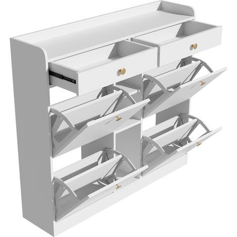 Weißer Schuhschrank mit 4 Klappen, 2 Schubladen und 3 offenen Fächern, 110 x 26 x 100 cm (1/5)