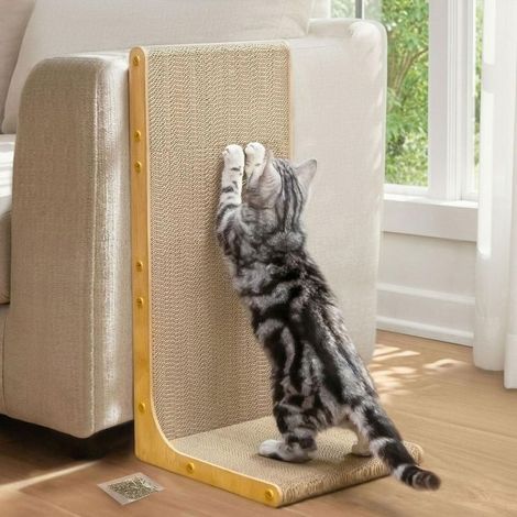 Planche à gratter pour chat, 58 cm en forme de L, surface de grattage verticale, carton durable pour la protection des meubles pour chats d'intérieur, grande, effet bois.