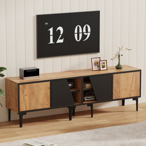 Meuble TV 160 x 36,5 x 45 cm - Avec 2 portes et 4 étagères - 7 pieds - Panneaux de particuless - Naturel + noir
