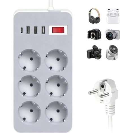 Multiprise, 6 Prises avec Interrupteur, Parasurtenseur Multiprise, 3 USB +1 Type C pour La Maison, Le Bureau, Les Smartphones, Les Ordinateurs, Rallonge de 1.8m (1/5)