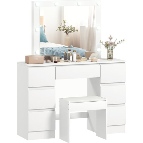 Coiffeuse style Hollywood avec miroir, 8 lumières LED, 7 tiroirs et tabouret rembourré, blanche (1/5)