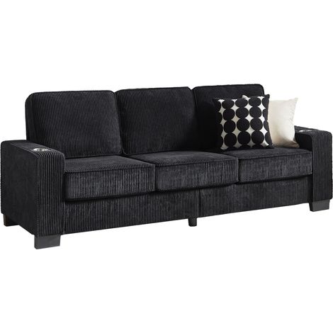 Gerades Sofa 3-Sitzer aus Cordstoff, mit Getränkehaltern in den Armlehnen, Schwarz, 206 × 72 × 86 cm (1/5)
