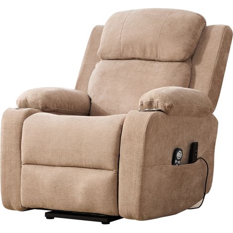 Fauteuil relax électrique multifonction avec aide au relevage, fonction massage et chaleur, dossier et repose-pieds réglables électriquement, poches de rangement latérales et porte-gobelets taupe (1/5)