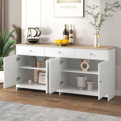Credenza per sala da pranzo, Credenza, Credenza da cucina, Mobile da cucina, Mobile contenitore, Elegante e pratica credenza in stile rustico con tre cassetti e quattro ante (1/5)