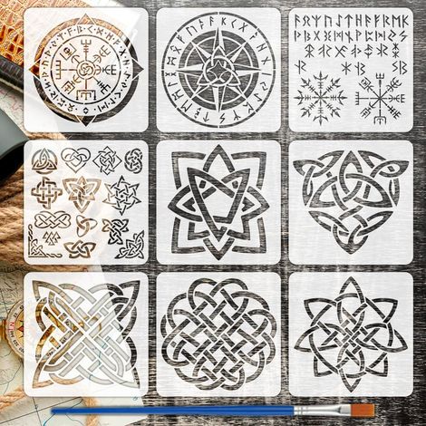 9 Pcs Pochoirs de Peinture Thème Viking avec un Pinceau 15x15cm Pochoir de Différents Noeuds Celtiques Pochoirs Symboles Viking Pochoir Boussole Réutilisable pour Bois Mur Carton Tissus (1/5)