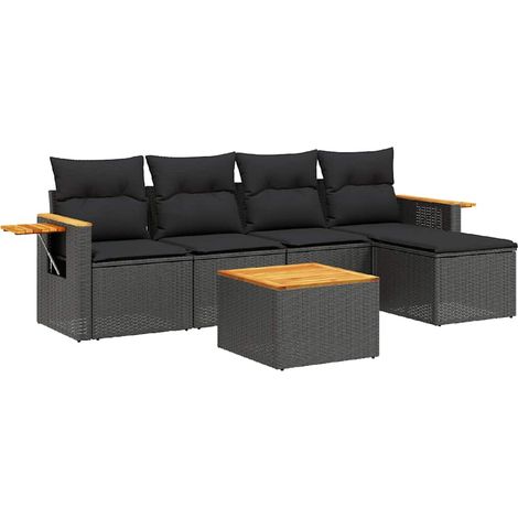 Salon de jardin 6 pcs Mobilier de jardin avec coussins noir résine tressée (1/5)