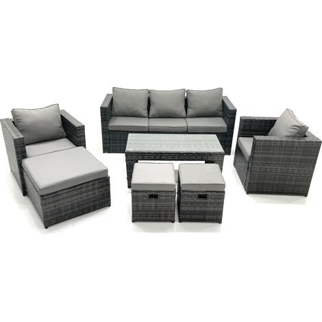 Fimous 8 places Salon de jardin Ensemble de canapés en rotin avec Table basse 2 Fauteuil 3 Tabourets Gris foncé mixte (1/5)