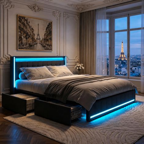 Lit 140x190 cm, 4 tiroirs de rangement, LED, ports USB et Type-C, revêtement lin gris foncé (1/5)